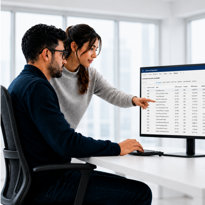 Two colleagues reviewing a Microsoft Dynamics 365 Finance and Operations accounts receivable screen